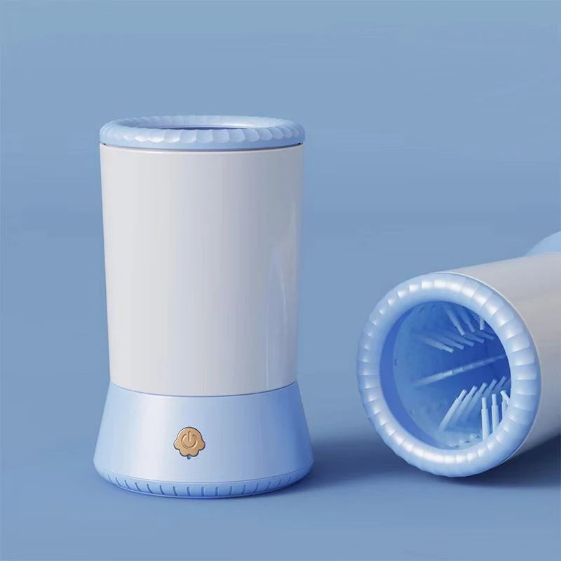 Blue and white cylindrical product with a lid on a light blue background